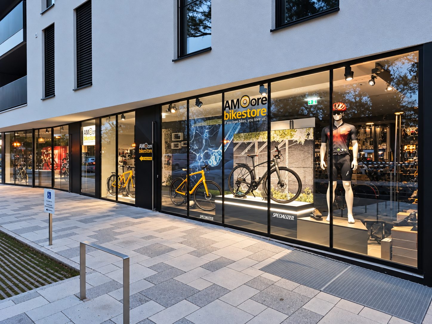 AMoore Bikestore in Oberndorf bei Salzburg – Neubau mit großer Glasfront am Abend