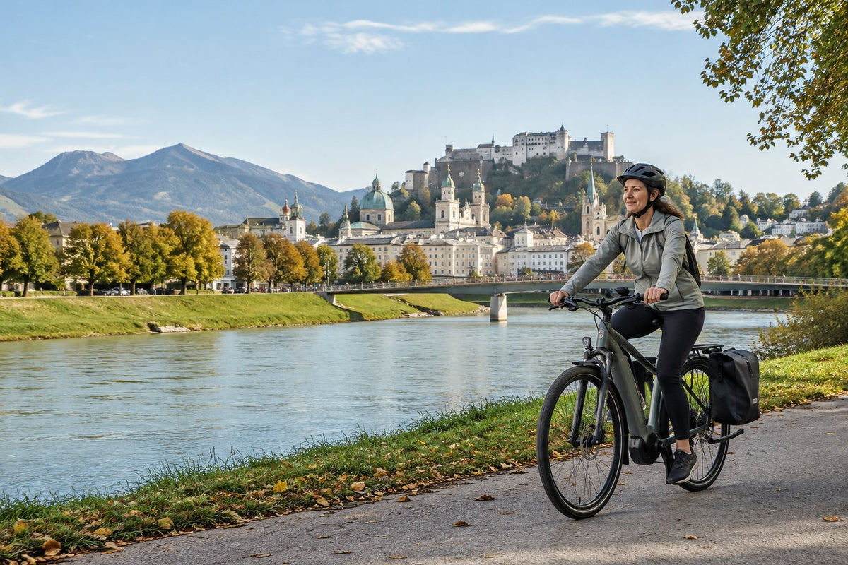 Salzach-Radweg mit Blick auf die Salzburger Altstadt – Frau auf Trekking-E-Bike