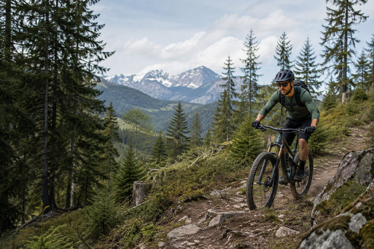 Mountainbiker auf einem Waldtrail in den Salzburger Bergen