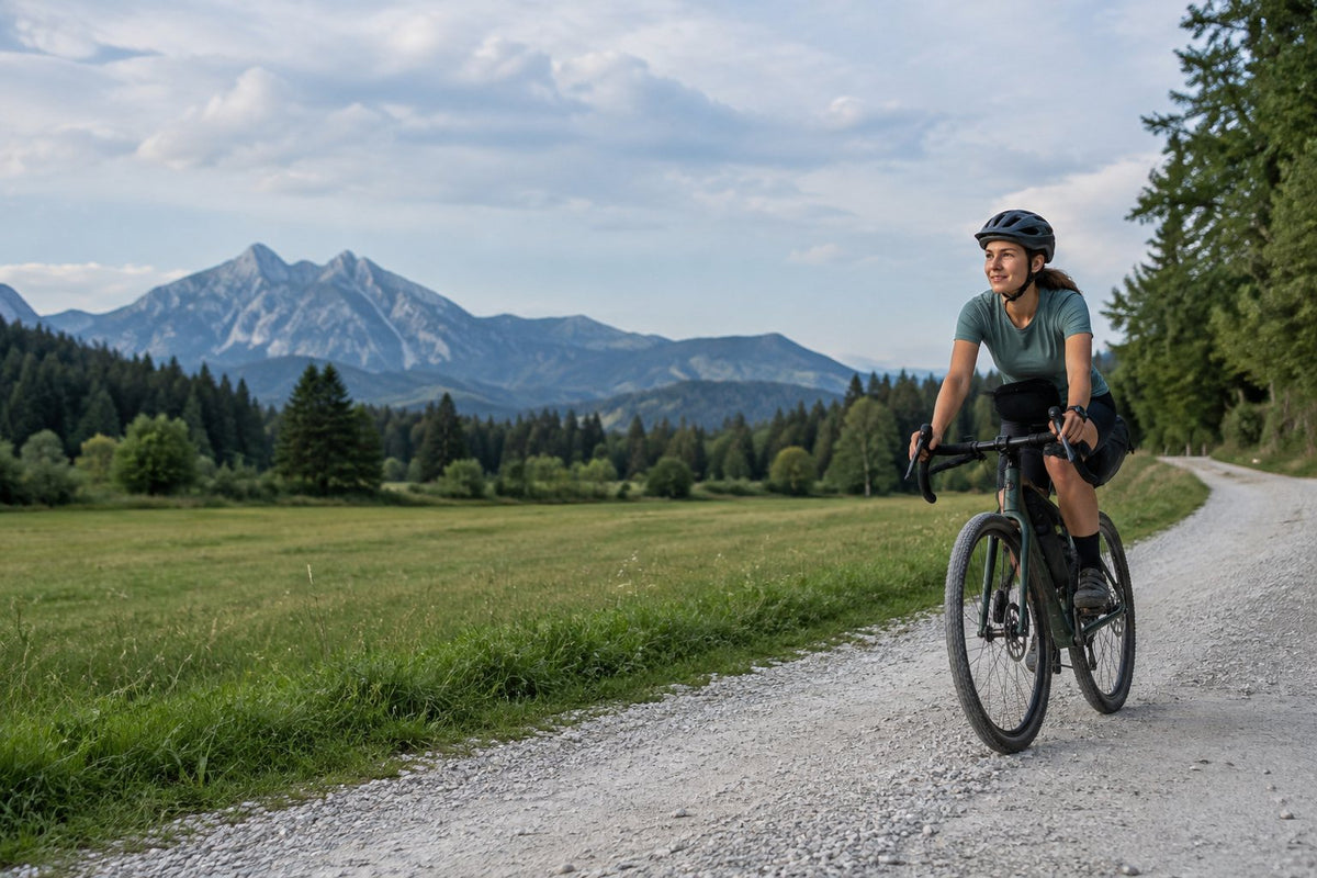 Gravelbikerin auf einer Schotterstraße vor Bergkulisse
