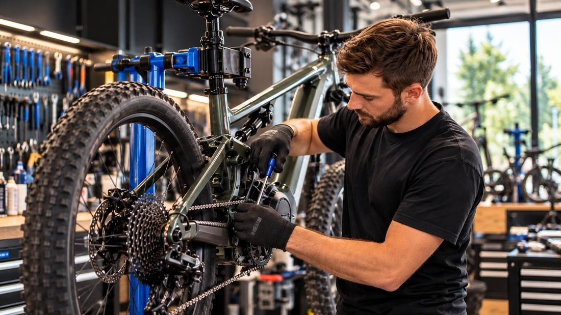 Mechaniker in der Werkstatt des AMoore Bikeservice